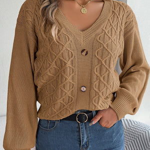 Cable-Knit V-Neck Lantern Sleeve Sweater