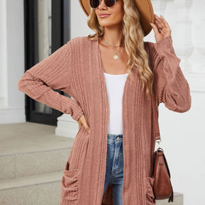 Pocketed Open Front Long Sleeve Cardigan