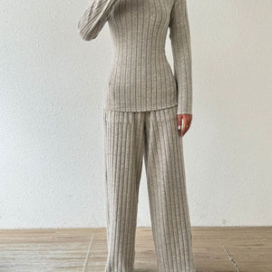 Ribbed V-Neck Long Sleeve Top and Pocketed Pants Set