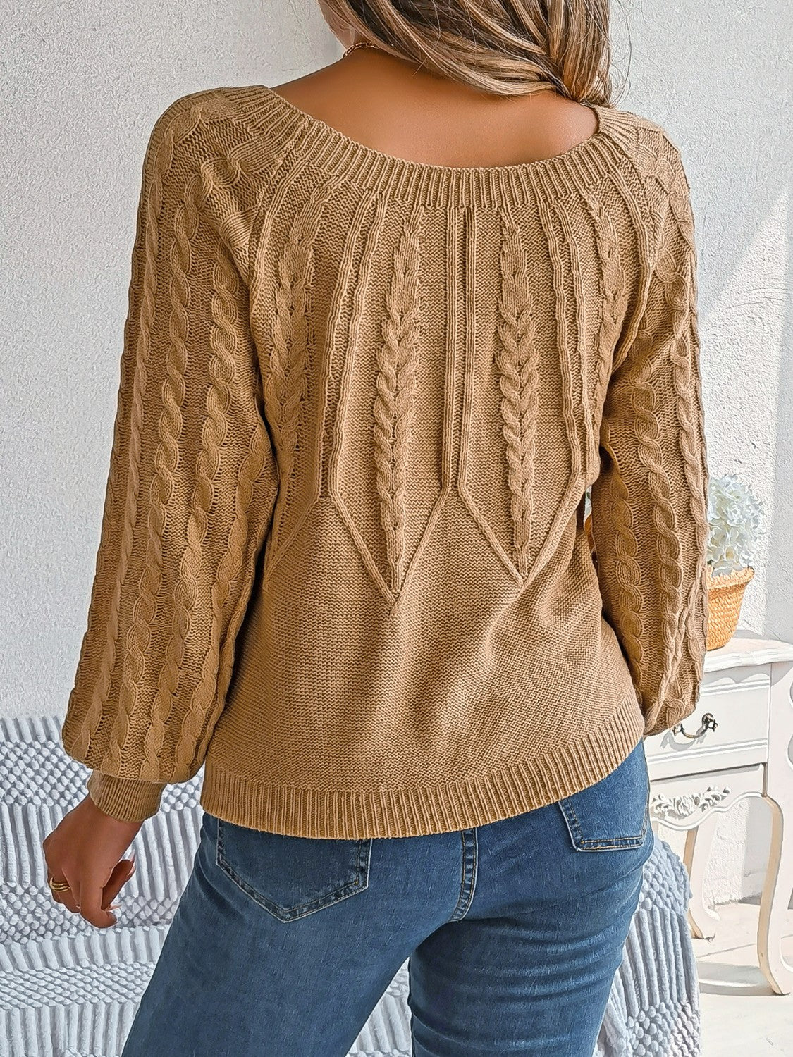 Cable-Knit Round Neck Long Sleeve Sweater