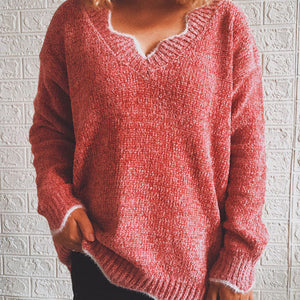 Notched Dropped Shoulder Long Sleeve Sweater