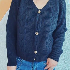 Cable-Knit V-Neck Button Down Long Sleeve Cardigan