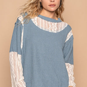 POL Lace Panel Round Neck Long Sleeve Top