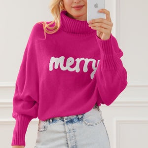 Merry Letter Embroidered High Neck Sweater