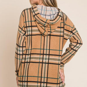 BOMBOM Drawstring Plaid Long Sleeve Hoodie