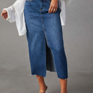 Slit Raw Hem Midi Denim Skirt