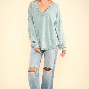 VERY J Washed V-Neck Exposed Seam Knit Top