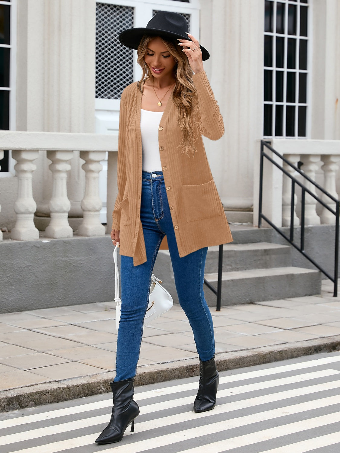 Ribbed Button Down V-Neck Long Sleeve Cardigan