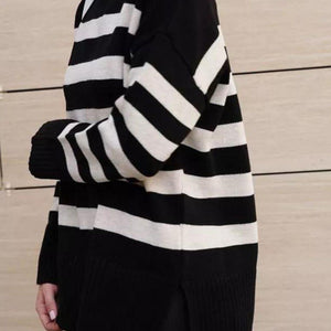 Slit Striped Round Neck Sweater