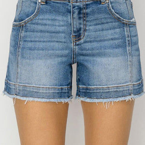 RISEN High Rise Seam Detailed Raw Edge Denim Shorts