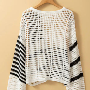 Openwork Striped Round Neck Knit Cover Up