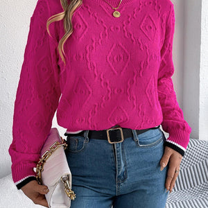 Contrast Trim Round Neck Long Sleeve Sweater