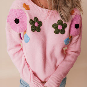 Crochet Flower Round Neck Dropped Shoulder Sweater