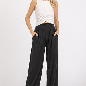 Mittoshop Stretch Banded Waist Wide Leg Pants with Pockets