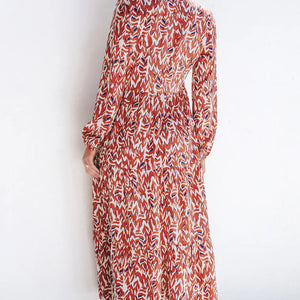 Printed Notched Long Sleeve Dress