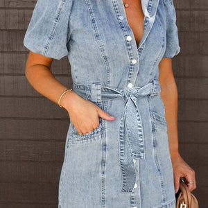 Puff Sleeve Button Up Mini Denim Dress