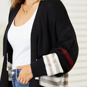 Perfee Striped Rib-Knit Drop Shoulder Open Front Cardigan