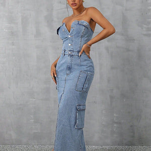 Slit Half Button Tube Denim Dress