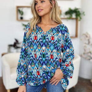 Double Take Full Size Printed Balloon Sleeve Blouse