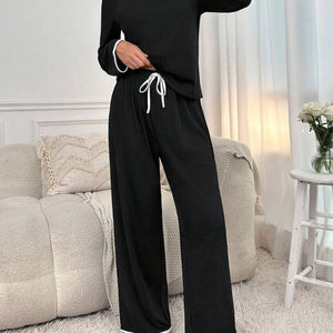 Contrast Trim Notched Long Sleeve Top and Pants Lounge Set