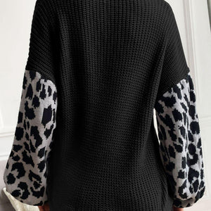 Perfee Leopard Sleeve Dropped Shoulder Sweater