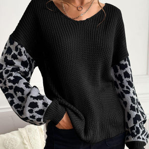 Perfee Leopard Sleeve Dropped Shoulder Sweater