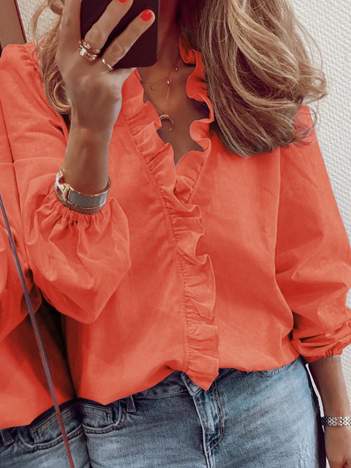 Full Size Ruffled V-Neck Long Sleeve Blouse