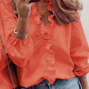 Full Size Ruffled V-Neck Long Sleeve Blouse