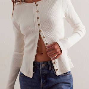 Button Up Round Neck Long Sleeve Cardigan