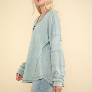 VERY J Washed V-Neck Exposed Seam Knit Top