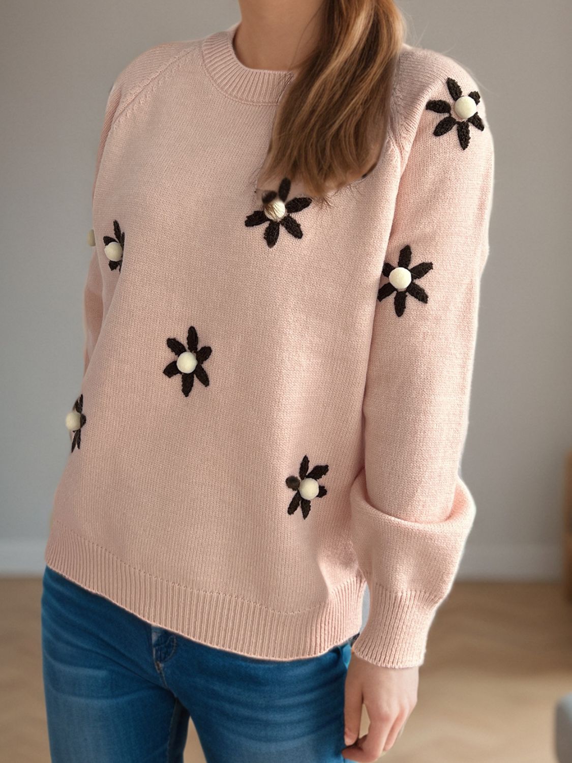 Flower Round Neck Raglan Sleeve Sweater