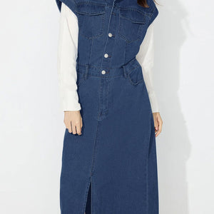 Slit Half Button Collared Neck Cap Sleeve Denim Dress