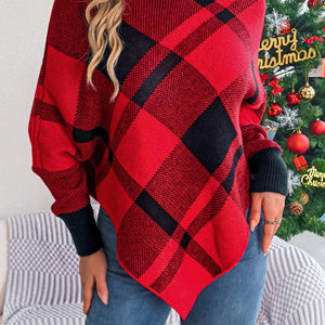 Plaid Turtleneck Batwing Sleeve Sweater