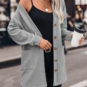 Textured Button Down V-Neck Long Sleeve Cardigan