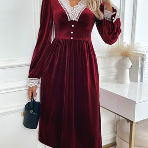 Perfee Lace Detail V-Neck Long Sleeve Midi Dress