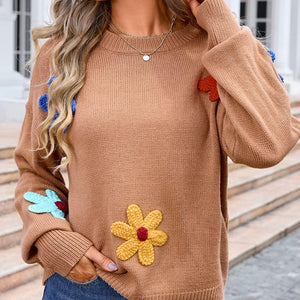 Angel Wings Crochet Flower Round Neck Sweater