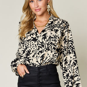 Double Take Full Size Printed Ruffle Trim Balloon Sleeve Shirt