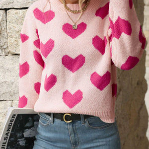 Perfee Heart Pattern Dropped Shoulder Sweater