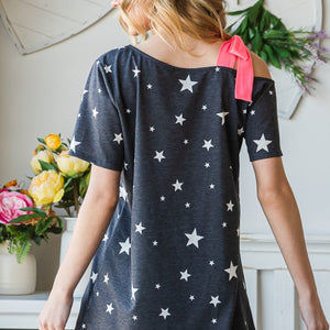 Heimish Full Size Star Print Asymmetrical Neck Short Sleeve Top