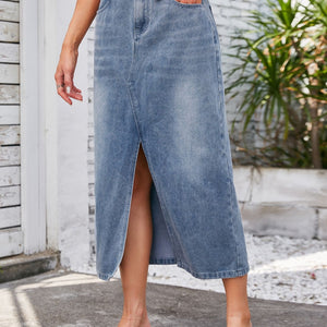 Slit Midi Denim Skirt with Pockets