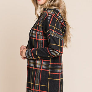 BOMBOM Drawstring Plaid Long Sleeve Hoodie