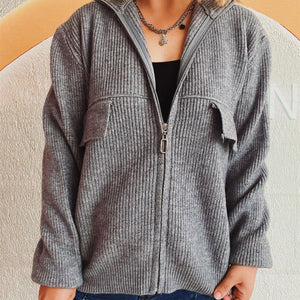 Zip Up Collared Neck Long Sleeve Cardigan