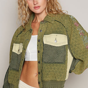 POL Embroidered Sleeve Raw Edge Quilted Jacket