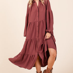 Mittoshop Tiered Button Down Long Sleeve Midi Dress