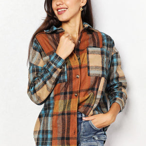 Double Take Plaid Curved Hem Shirt Jacket with Breast Pockets