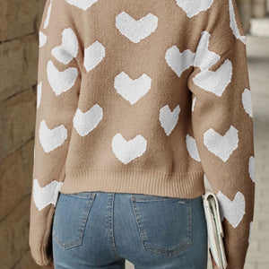 Perfee Heart Pattern Dropped Shoulder Sweater