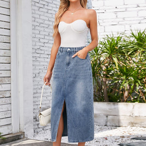 Slit Midi Denim Skirt with Pockets