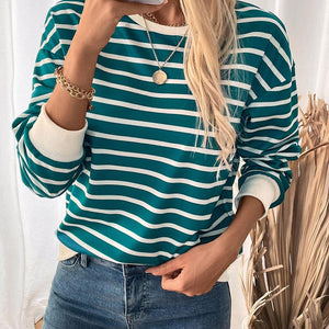 Perfee Striped Contrast Round Neck Long Sleeve Sweatshirt