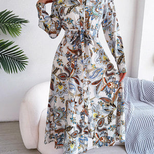 Tied Printed Long Sleeve Midi Dress