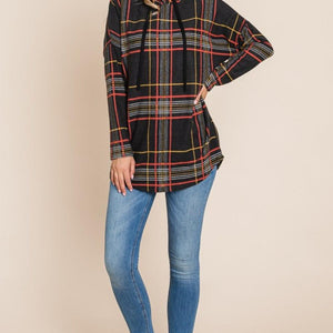 BOMBOM Drawstring Plaid Long Sleeve Hoodie